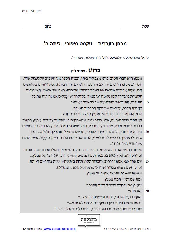 מבחן בעברית לכיתה ה - כיתה ה - טקסט ספרותי - ברוגז
